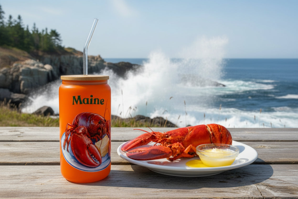 Jar with a lobster design and 'Maine' text on an orange background