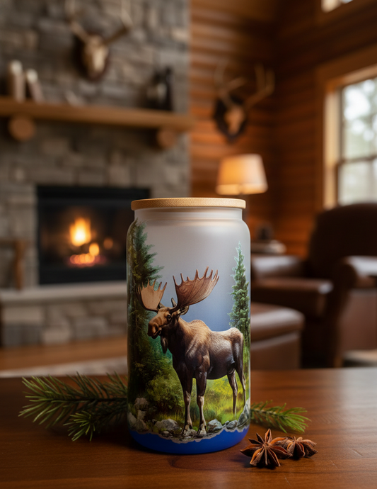 "Moose in Nature" 16 oz Glass Can, Lid & Straw | Personalized