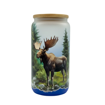 "Moose in Nature" 16 oz Glass Can, Lid & Straw | Personalized