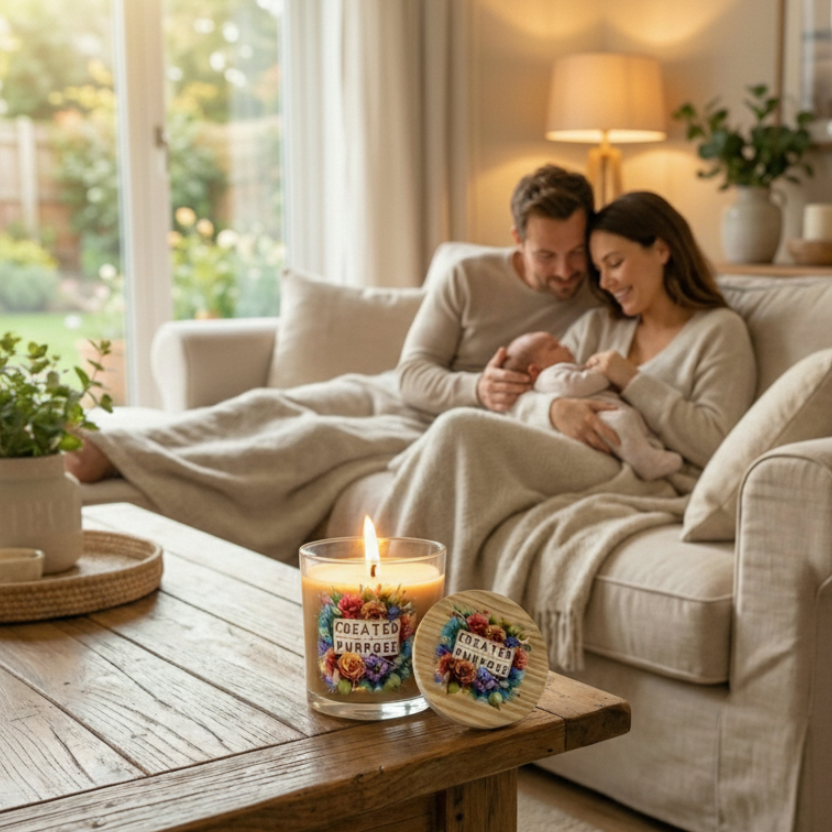 Couple with a baby on a couch in a cozy living room with a candle on a table.
