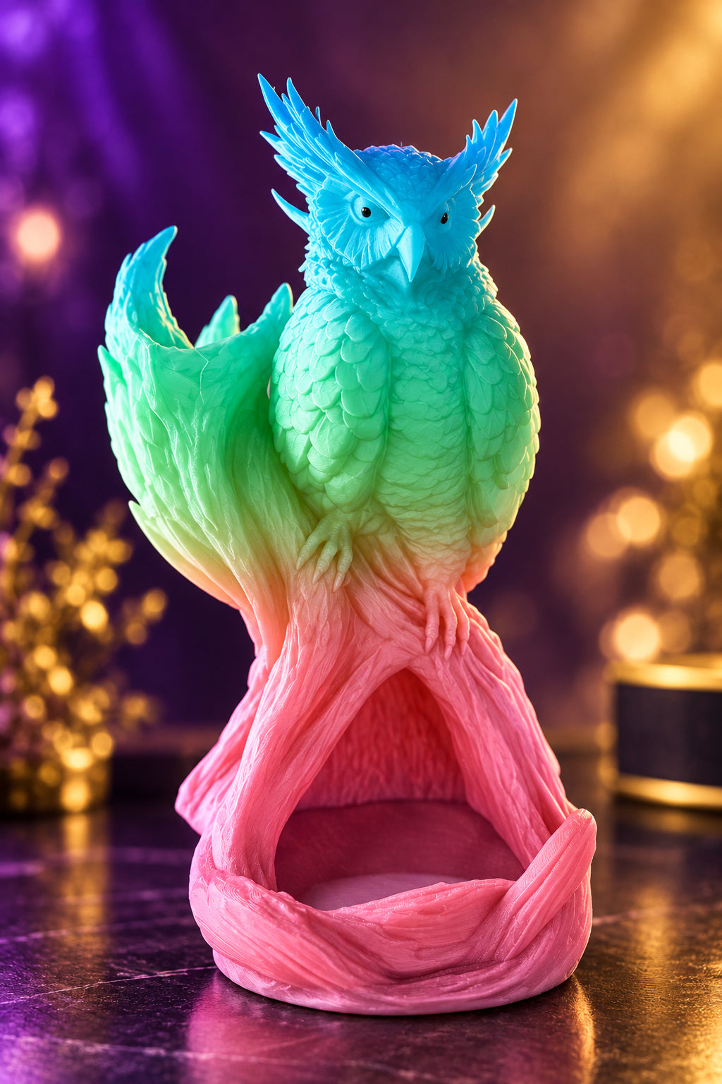 A colorful owl figurine perched on a tree branch, with a blue-to-green-to-pink gradient finish, displayed on a wooden surface in a store setting.