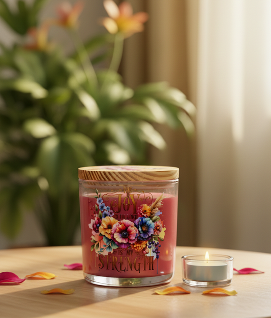 "The Joy of the Lord is My Strength" Peony Rose Scented Soy Candle - Inspirational Faith Candle