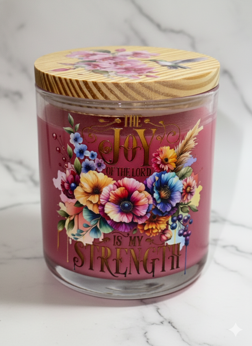 "The Joy of the Lord is My Strength" Peony Rose Scented Soy Candle - Inspirational Faith Candle