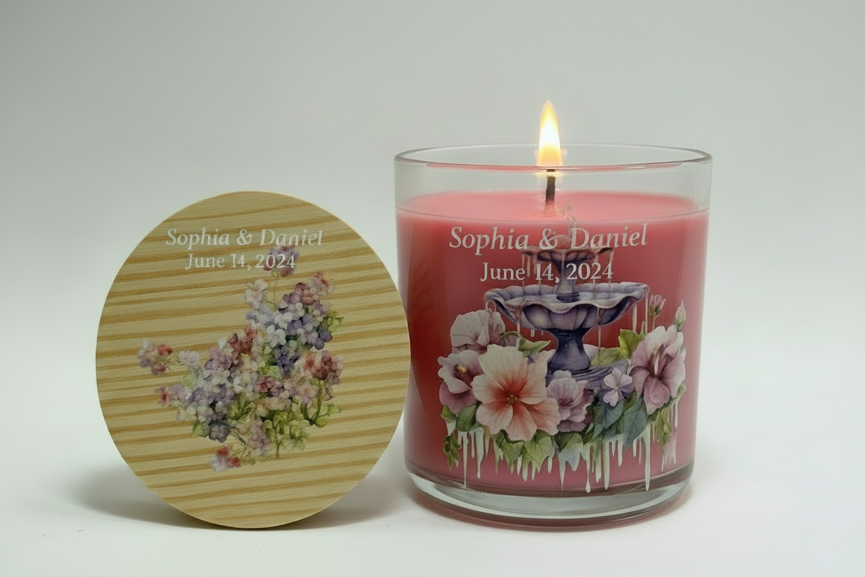 Candle with decorative design and lid featuring floral and bird illustration, on a white background.