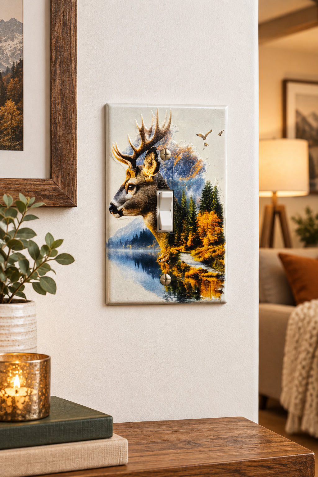 A white single-toggle light switch cover plate featuring a printed scenic design of a deer head, mountains, trees, and a reflective lake, with a dark rectangular cutout for the switch.