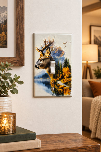 A white single-toggle light switch cover plate featuring a printed scenic design of a deer head, mountains, trees, and a reflective lake, with a dark rectangular cutout for the switch.