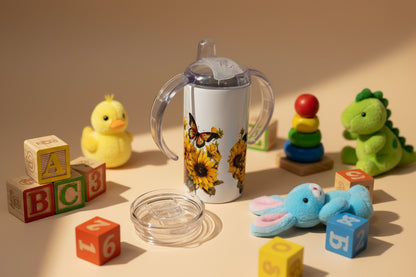 Sippy cup with butterfly and sunflower design on a white background