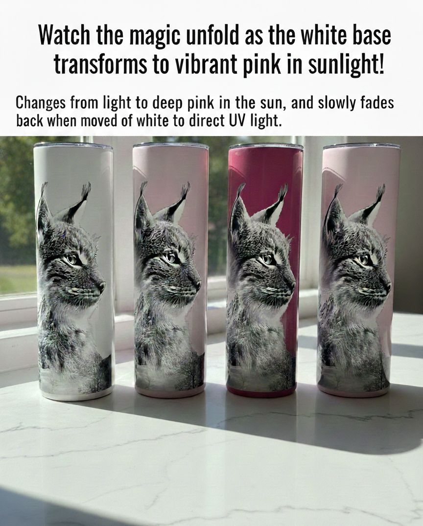 Lynx Color-Changing Tumbler 20oz | UV Reactive Pink | Personalized Wildlife Thermal Insulated