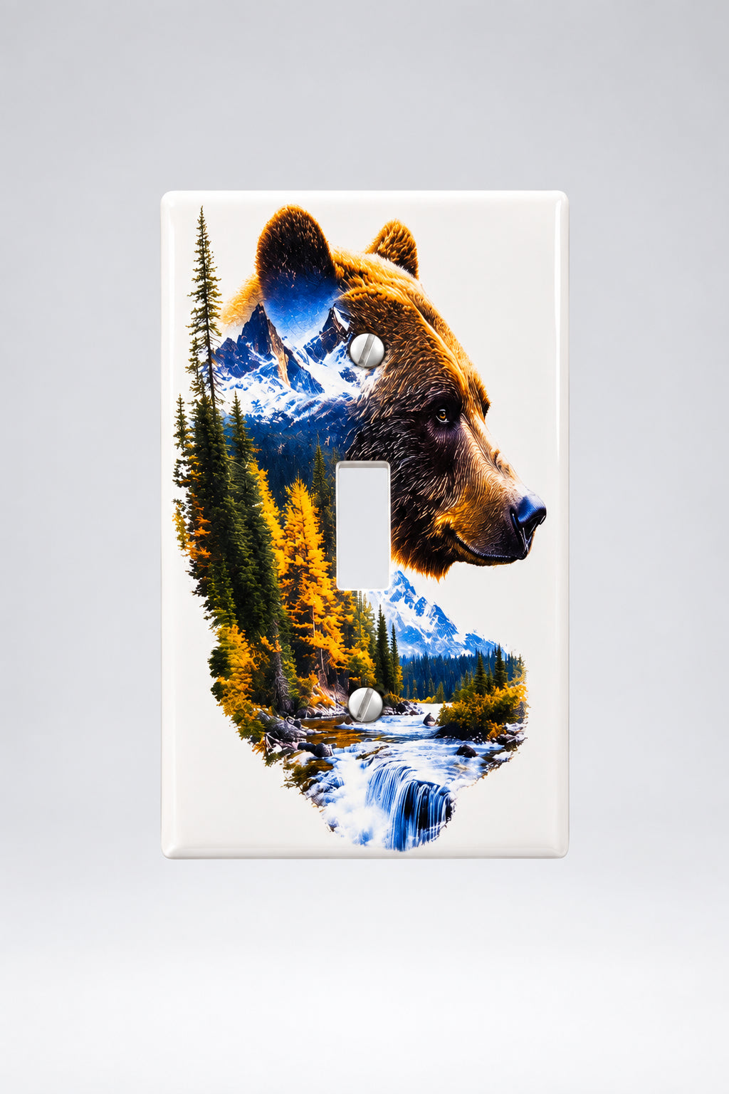 Two decorative light switch covers featuring UV printed bear and deer landscapes, displayed on a white surface with matching dog-themed cards below.