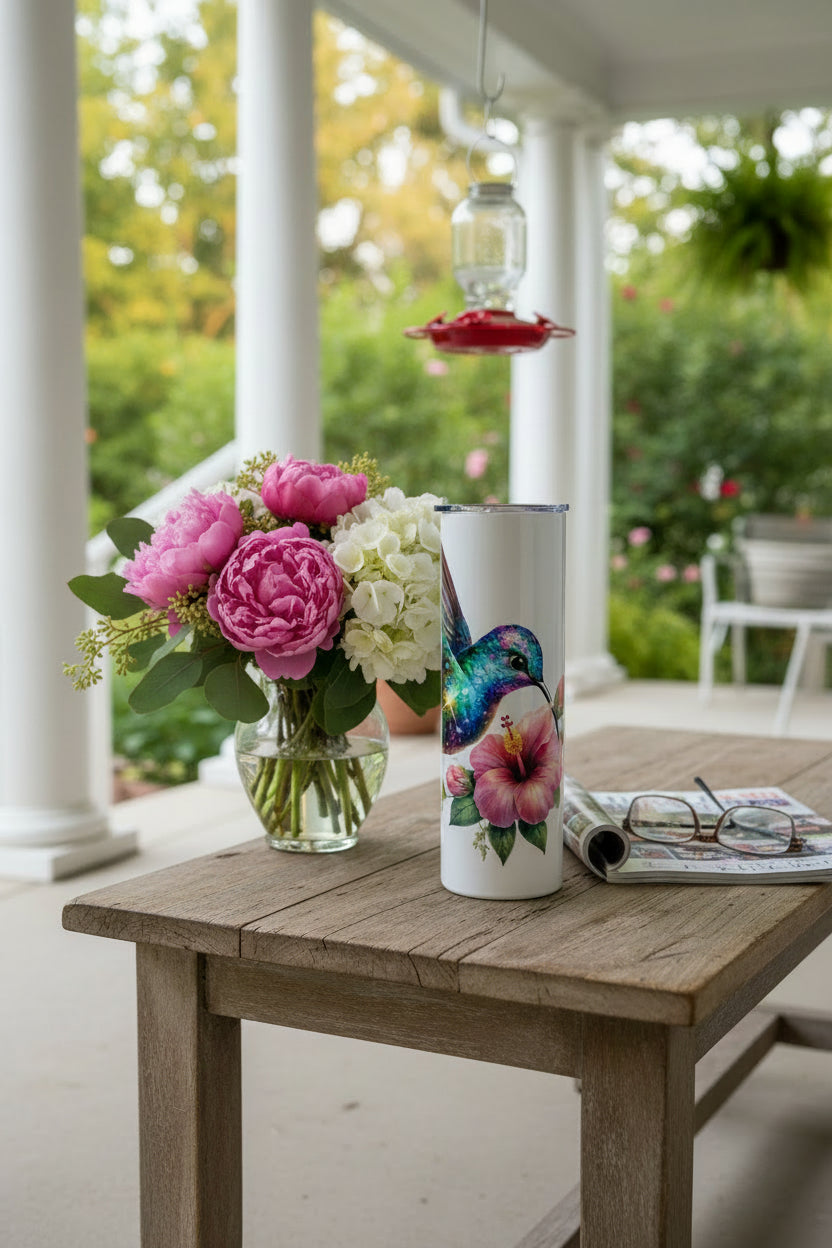 Tumbler with a colorful hummingbird and flower design on a white background