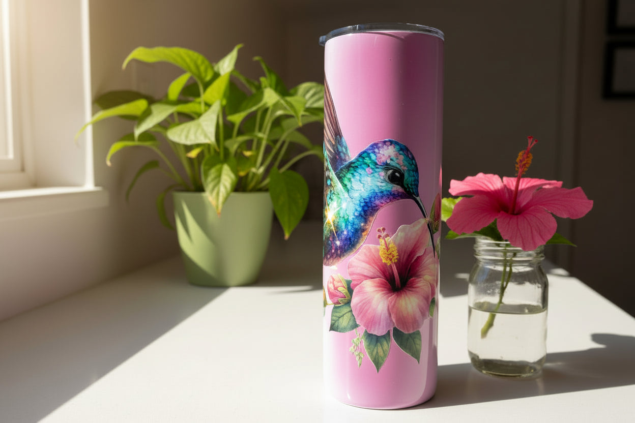 Pink tumbler with a colorful hummingbird and flower design on a white background