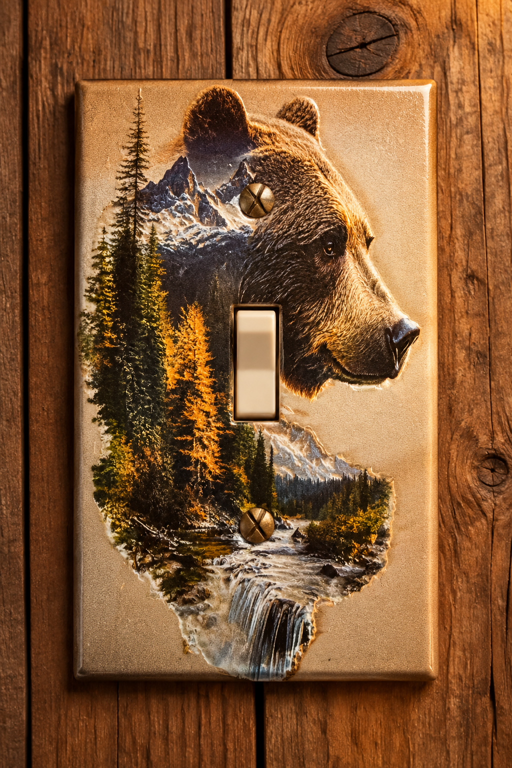 A rectangular light switch plate cover mounted on a rustic wooden wall, featuring a large bear head profile over a scenic forest landscape with mountains, trees, and a waterfall. The center includes a vertical cutout for the light switch.