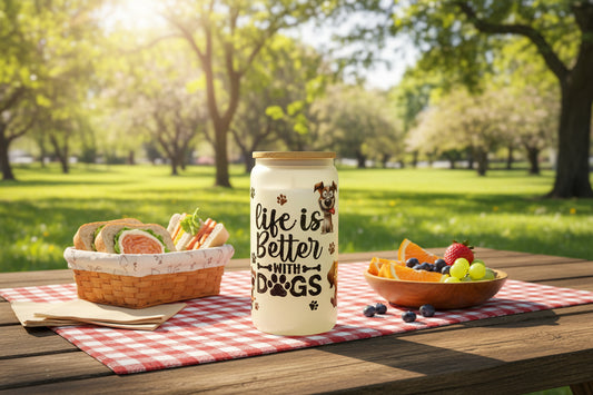 glass can with 'Life is better with dogs' text and paw prints on a white background