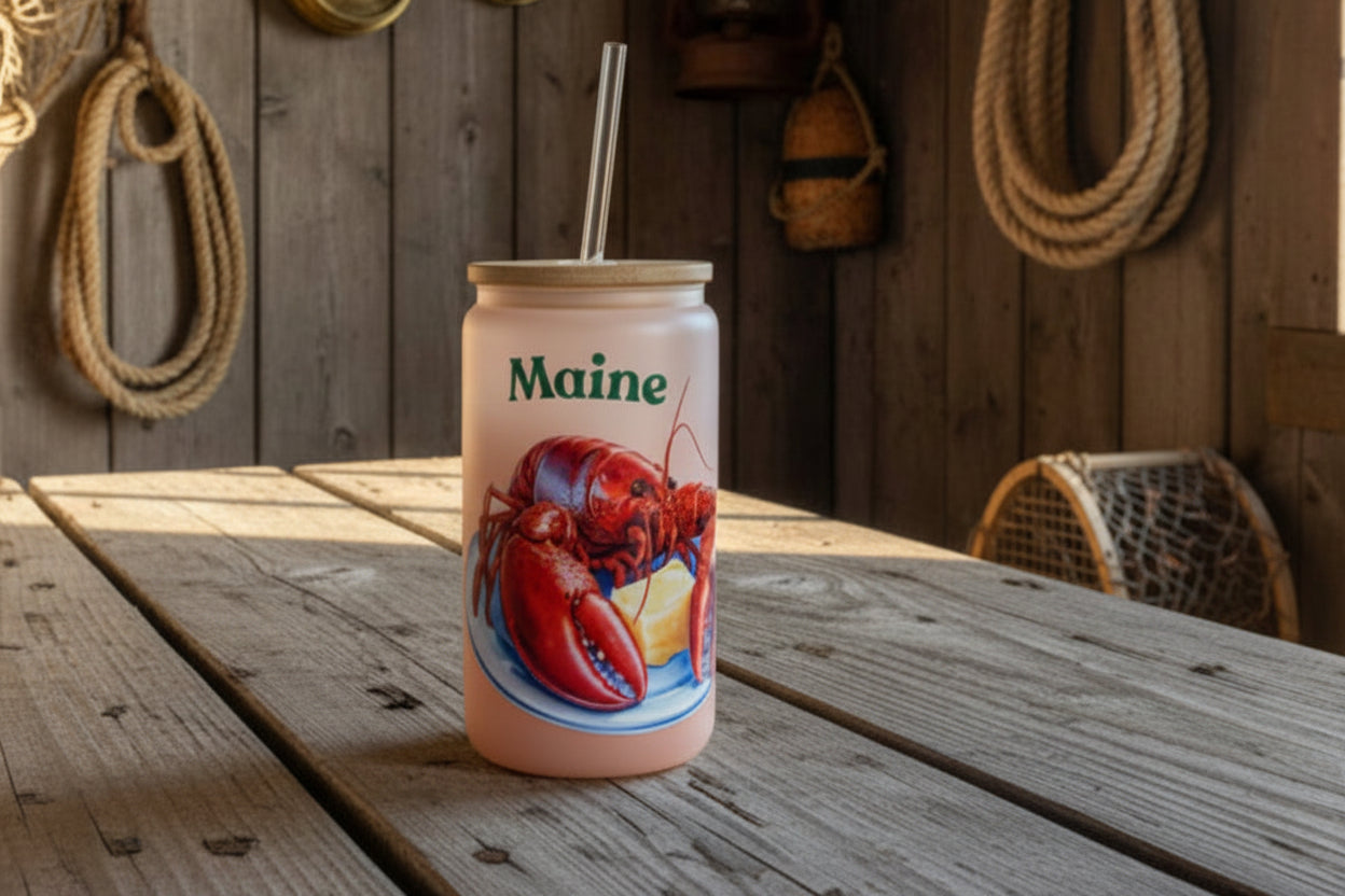jar with lobster design on a wooden table in a rustic setting