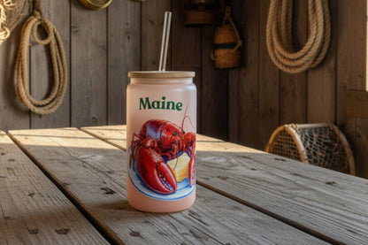 jar with lobster design on a wooden table in a rustic setting
