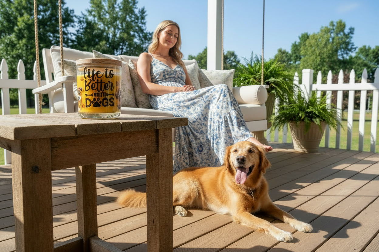Jar with a yellow label reading 'Life is better with dogs' on a white background