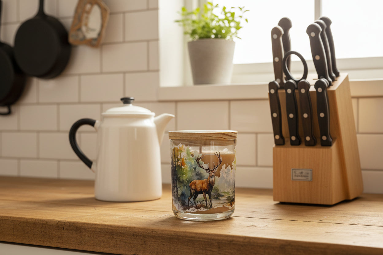 Decorative jar with a painted design of a deer on a white background