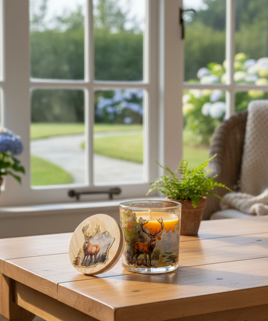 "Deer in Nature" One-of-a-Kind Candle with Golden Accents| Personalized