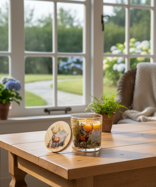 "Deer in Nature" One-of-a-Kind Candle with Golden Accents| Personalized