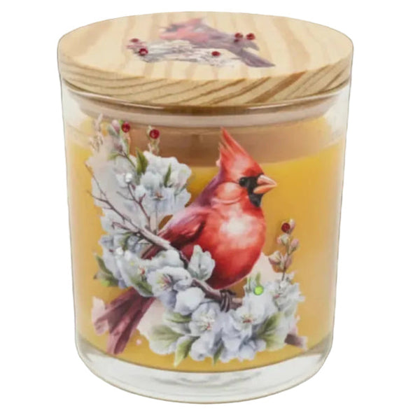 "Cardinal on Floral Branch" Bright Citrus Scented Soy Candle with Gemstones