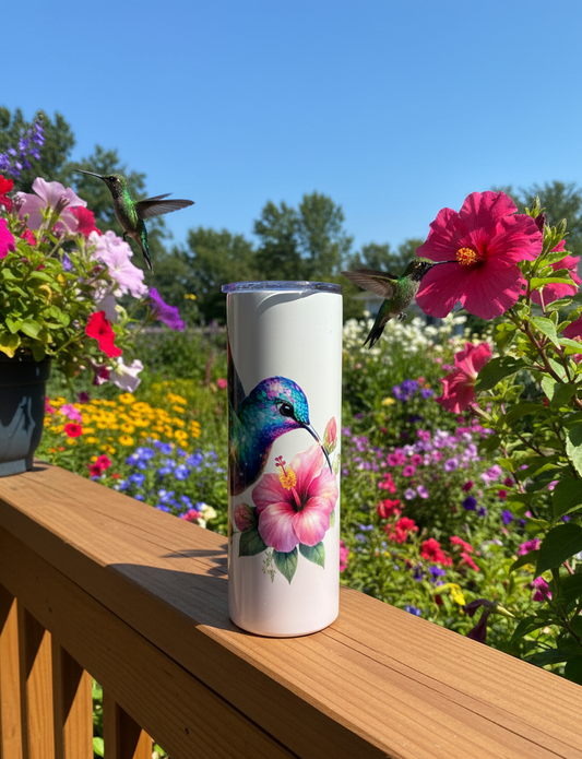 Color-Changing Hummingbird 20 oz Thermal Tumbler - UV Reactive Hibiscus Design | Personalized Insulated Tumbler