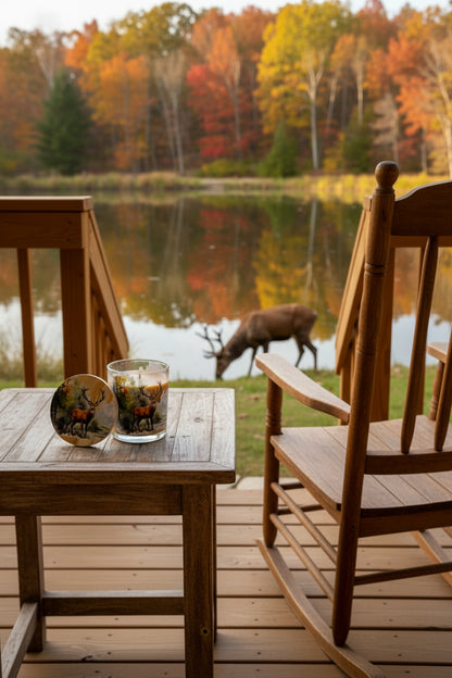 Glass mug and coaster set with deer design on a white background