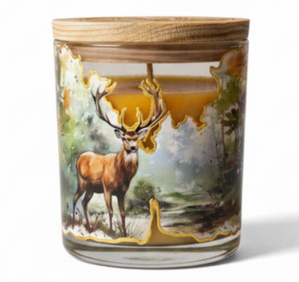 Candle with a deer design on a white background