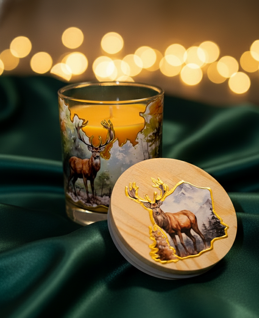 "Deer in Nature" One-of-a-Kind Candle with Golden Accents| Personalized