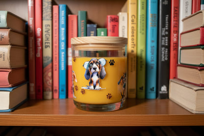 Decorative container with a cartoon dog design on a white background