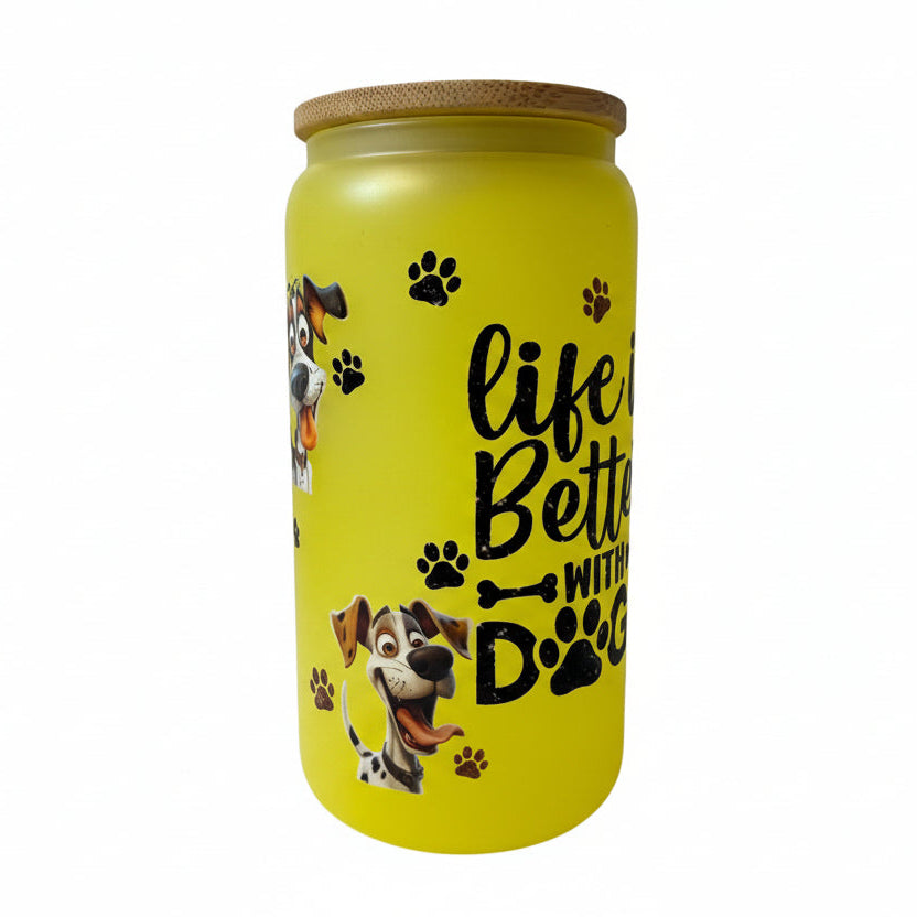 Yellow jar with 'Life is Better with a Dog' text and dog illustrations on a white background
