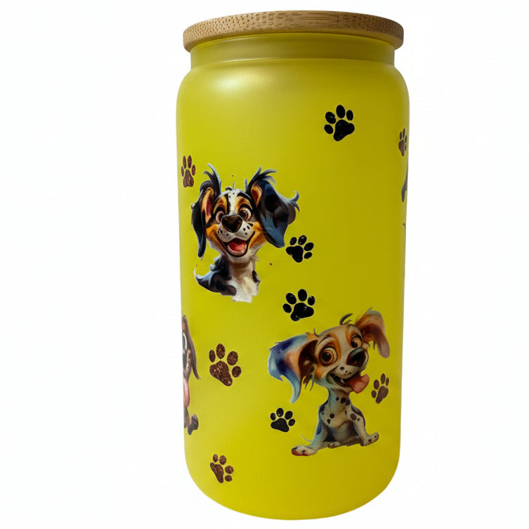 Yellow jar with dog illustrations and paw prints on a white background