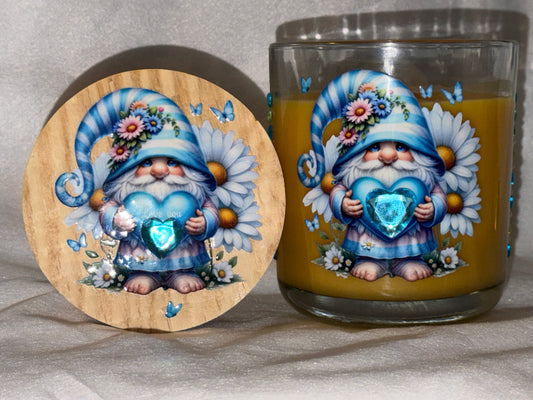 Decorative glass jar and wooden coaster with gnome design on a neutral background