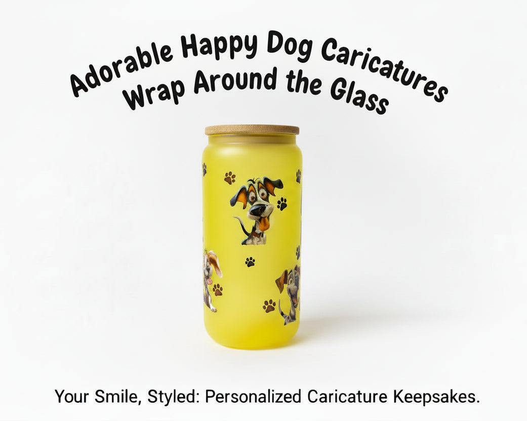 Yellow tumbler with dog caricatures on a white background