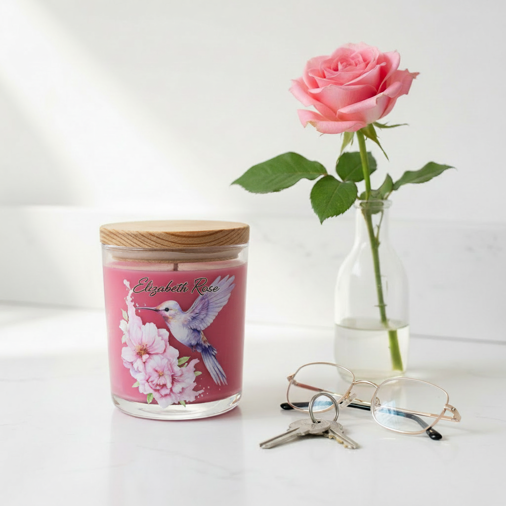 Candle jar with a wooden lid, hummingbird and floral design on a red background