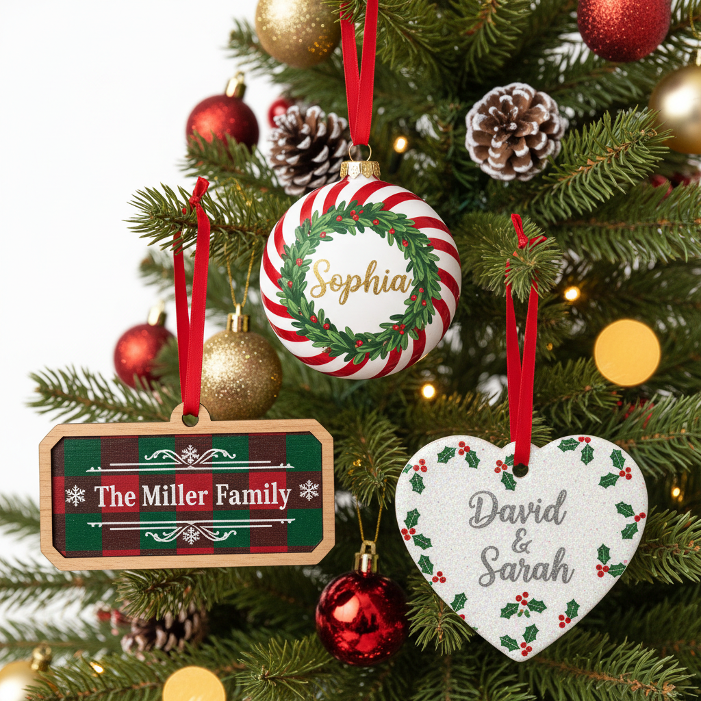 Personalized Christmas ornaments in round, heart and flat rectangle shapes hanging on a Christmas tree with festive holiday decorations