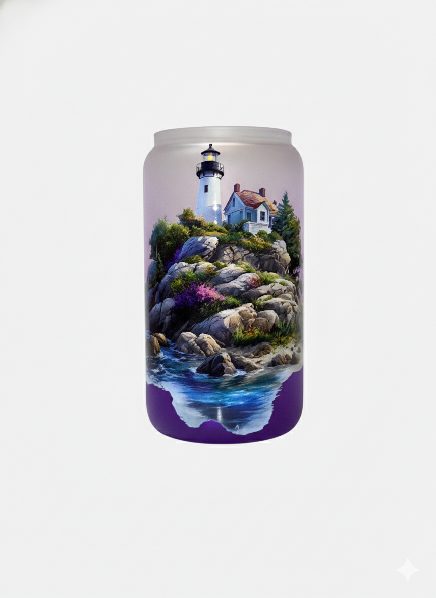 "Coastal Lighthouse" 16 oz Glass Can, Lid & Straw | Personalized