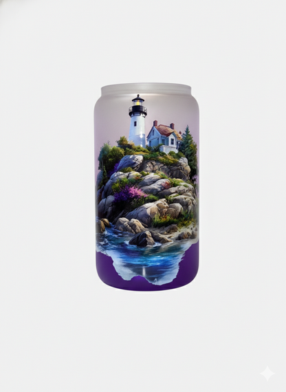 "Coastal Lighthouse" 16 oz Glass Can, Lid & Straw | Personalized