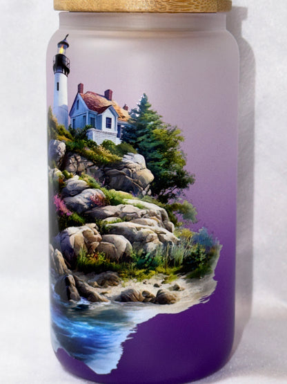 "Coastal Lighthouse" 16 oz Glass Can, Lid & Straw | Personalized