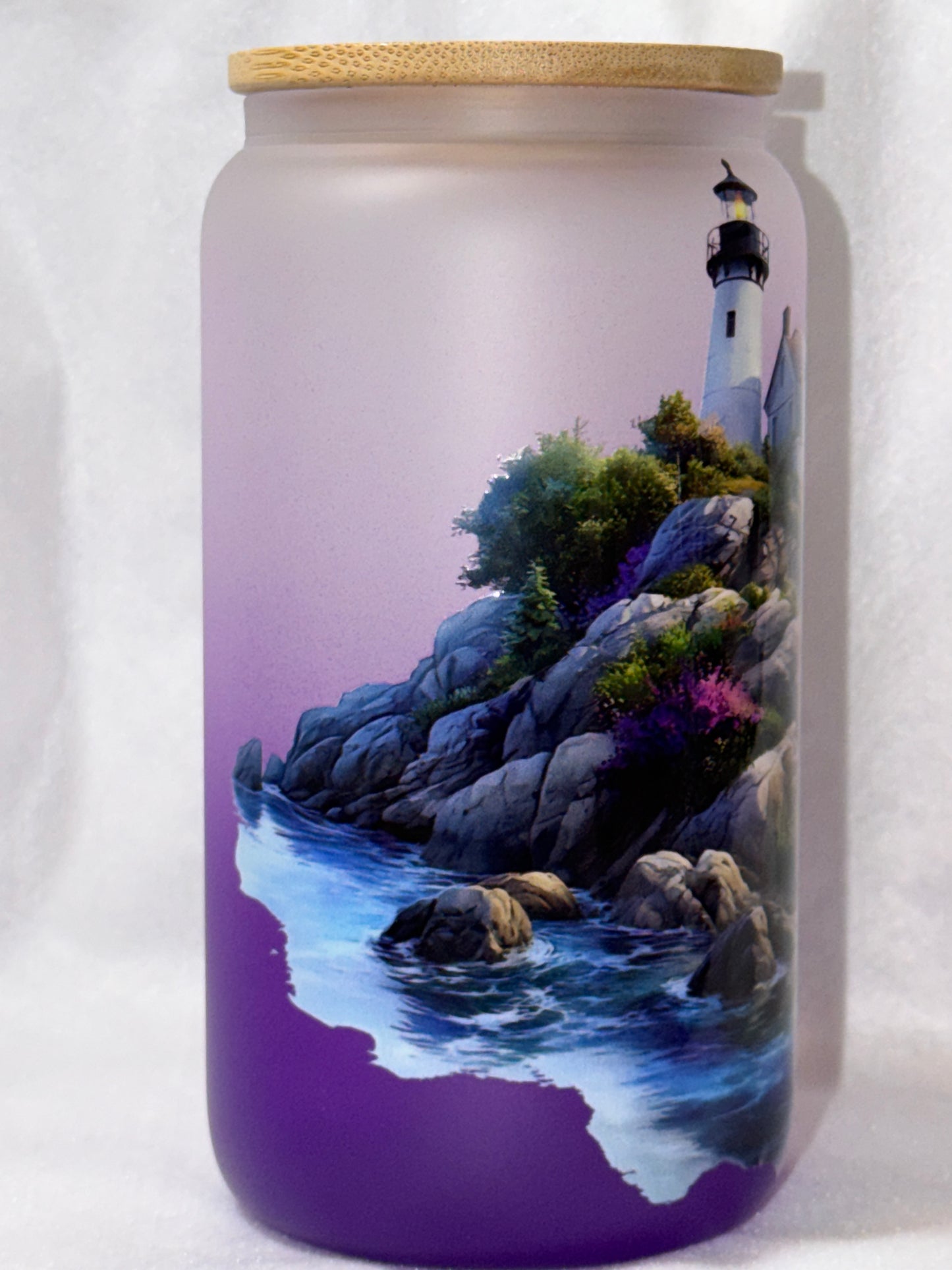 "Coastal Lighthouse" 16 oz Glass Can, Lid & Straw | Personalized