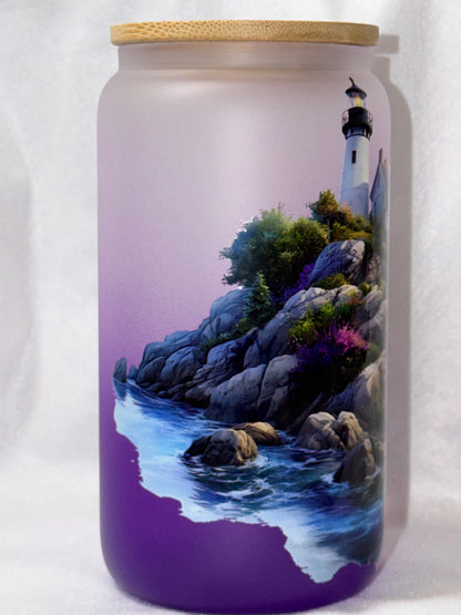 "Coastal Lighthouse" 16 oz Glass Can, Lid & Straw | Personalized