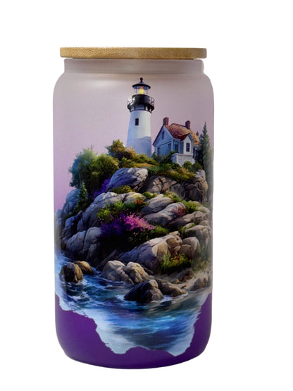 "Coastal Lighthouse" 16 oz Glass Can, Lid & Straw | Personalized