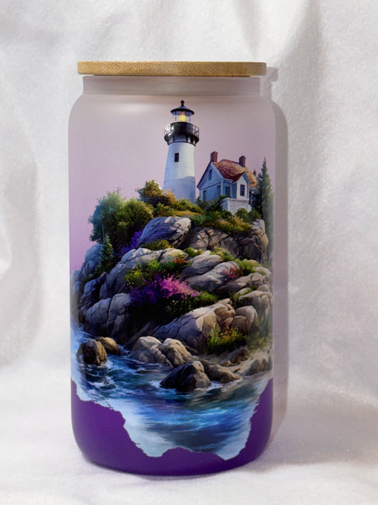 "Coastal Lighthouse" 16 oz Glass Can, Lid & Straw | Personalized