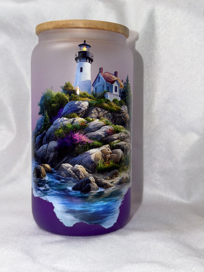"Coastal Lighthouse" 16 oz Glass Can, Lid & Straw | Personalized