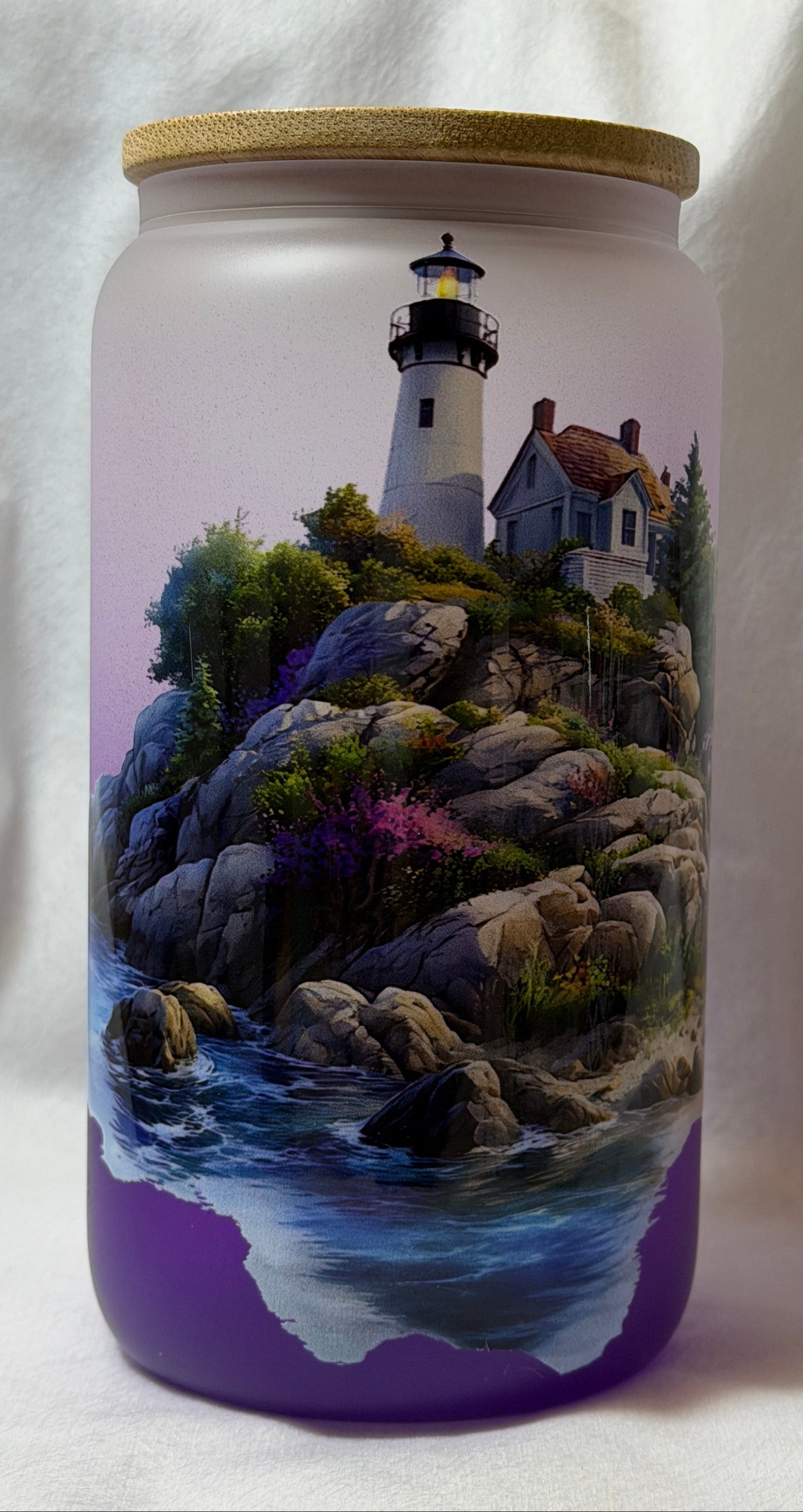 "Coastal Lighthouse" 16 oz Glass Can, Lid & Straw | Personalized