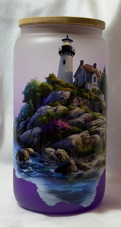 "Coastal Lighthouse" 16 oz Glass Can, Lid & Straw | Personalized