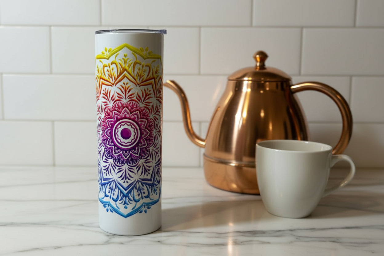 Cylindrical container with a colorful mandala design on marble background