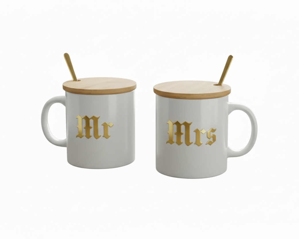 "Mr and Mrs"  10 oz Coffee Mug Set |Custom Wedding Gift with Wooden Lids & Gold Spoons