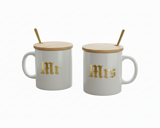"Mr and Mrs"  10 oz Coffee Mug Set |Custom Wedding Gift with Wooden Lids & Gold Spoons