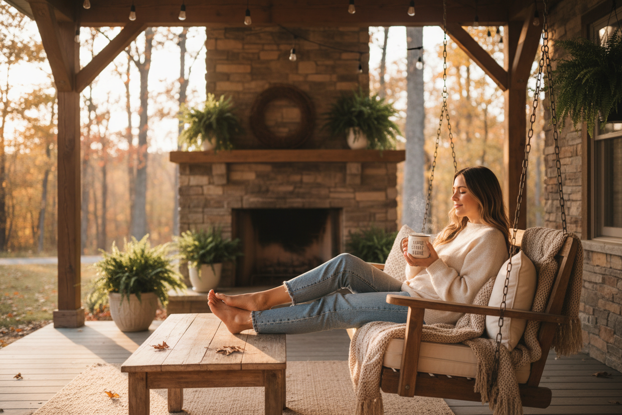 Person on porch swing with personalized drinkware