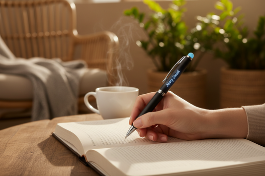Person writing with LED pen showing illuminated Mary Smith engraving on porch